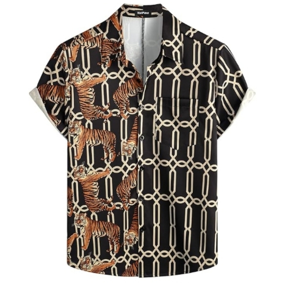 Hawaiian Flamingo Casual Tropical Short Sleeve Shirt Black Tiger - Picture 6 of 6